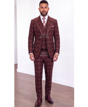 Burgundy Suit Mens Plaid Suits Peak Lapel