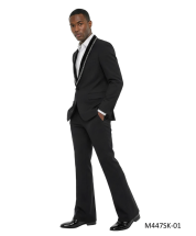 Black Suit with Flared Pants Studded Trim Shawl Lapel