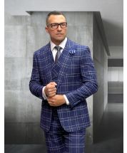 Statement Men's 3 Piece 100% Wool Plaid Fashion Suit - Double Breasted Vest