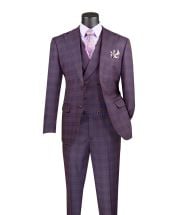 Purple Suit Windowpane Plaid Fabric Peak Lapel