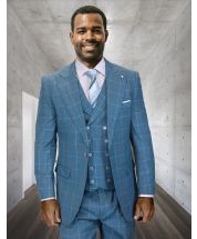 Statement Men's 3 Piece 100% Wool Wide Leg Suit- Solid Windowpane