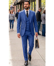 Steel Blue Suit Single Breasted Jacket with Wide Peak Lapel and Double Breasted Vest