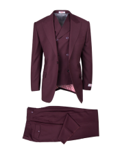 Tiglio Rosso Men's 3 Piece 100% Wool Suit - Wide Leg Pants - Burgundy