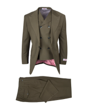 Tiglio Rosso Men's 3 Piece 100% Wool Suit - Wide Leg Pants - Olive