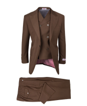 Tiglio Rosso Men's 3 Piece 100% Wool Suit - Wide Leg Pants - Tobacco