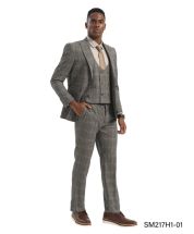 Grey Suit 3 Piece Mens Suits Double Breasted Vest Peak Lapel