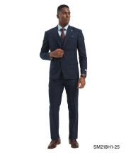 Navy Blue Suit Plaid Suit Flat Front Pants with Expandable Waistband