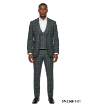 Dark Green Suit Windowpane Plaid Suits for Men Flat Front Pants with Expandable Waistband