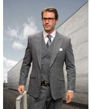 Statement Men's Outlet 3 Piece 100% Wool Tweed Fashion Suit - Plaid Pattern