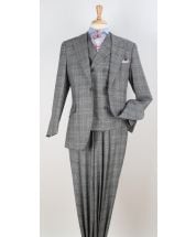 Grey Windowpane 3 Piece Suit for Men Double Breasted Vest Peak Lapel