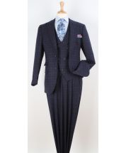 Blue Check Suit Mens 3 Piece Suits Peak Lapel Suit Jacket