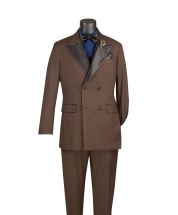 Brown Double Breasted Tuxedo with Peak Lapel Satin Trimmed Pants with Adjustable Waistband