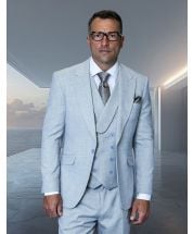 Statement Men's 3 Piece 100% Wool Powder Blue Suit - Double Breasted Vest