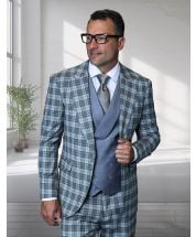 Statement Men's Outlet 3 Piece Plaid 100% Wool Modern Fit Suit - Double Breasted Vest