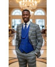 Saboo by Statement Men's 3 Piece Plaid 100% Wool Suit - Double Breasted Vest