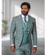 Statement Men's 3 Piece Plaid 100% Wool Suit - Double Breasted Vest