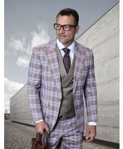 Saboo by Statement Men's 3 Piece Plaid 100% Wool Suit - Double Breasted Vest