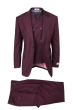 Tiglio Rosso Men's 3 Piece 100% Wool Suit - Wide Leg Pants - Burgundy