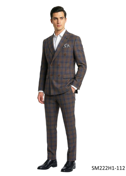 CCO Men's Outlet 2 Piece Double Breasted Hybrid Fit Suit - Windowpane Plaid