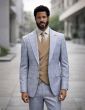 Steel Blue Suit Suit Jacket with Peak Lapel Windowpane Plaid