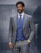 Indigo Blue Suits Windowpane Plaid Suit Solid Color Double Breasted Vest