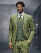 Olive Green Suits Windowpane Plaid Suit Solid Color Double Breasted Vest