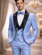 Poweder Blue Tuxedo Black Satin Peak Lapel 3 Piece Tuxedos for Men