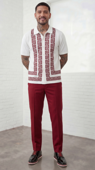 Red Walking Suit Knit Button Down Shirt Flat Front Pants