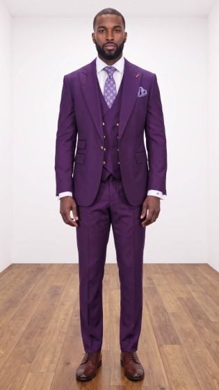 Plum Mens Suits Brass Buttons 3 Piece Suit for Men with Peak Lapel