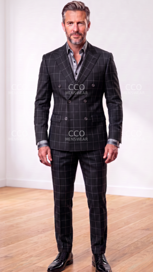 Black Suit Double Breasted Suits for Men with Peak Lapel