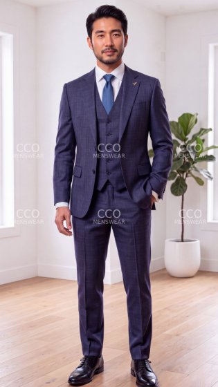 Navy Suit Men's Wool Suits Plaid Suit