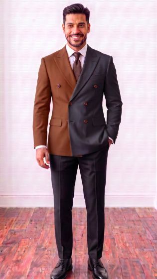 Black/Brown Double Breasted Suit for Men with Peak Lapel