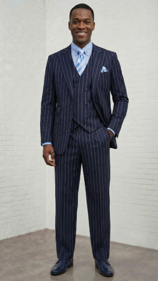 Navy Pinstripes Mens Suit Semi Wide Leg Pants