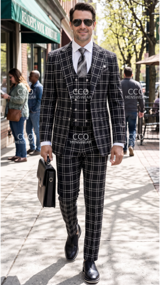 Black Suit Mens Fashion Suits Double Breasted Vest