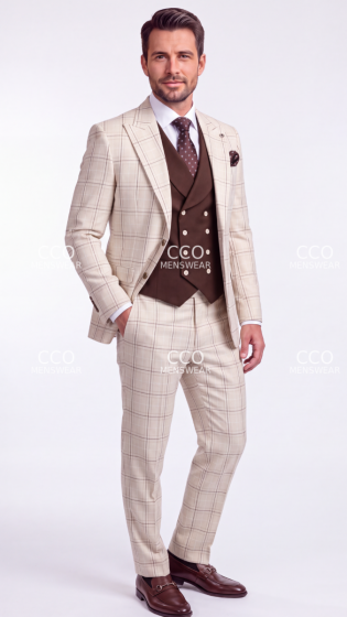 Tan Suit Peak Lapel Men Suits