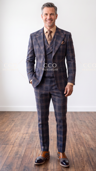 Statement Men's Outlet 3 Piece 100% Wool Tailored Fit Plaid Suit - Double Breasted Vest