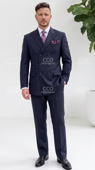 Navy Stripe Suit Double Breasted Mens Suits Peak Lapel