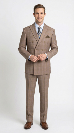 Tan Double Breasted Suits for Men Plaid Fabric Cinchable Waistband