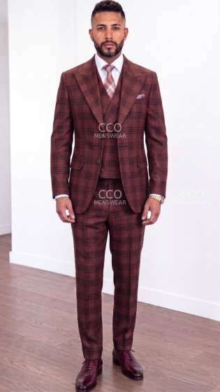 Burgundy Suit Mens Plaid Suits Peak Lapel