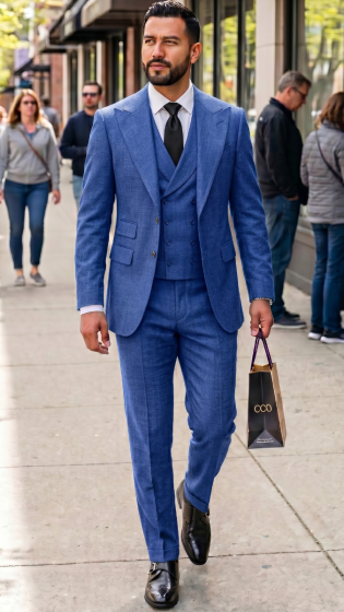 Steel Blue Suit Single Breasted Jacket with Wide Peak Lapel and Double Breasted Vest