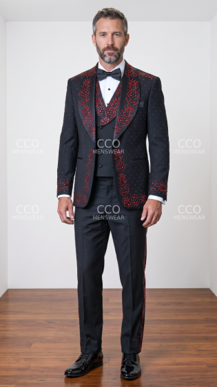 Black/Red Tuxedo Three Piece Tux for Men