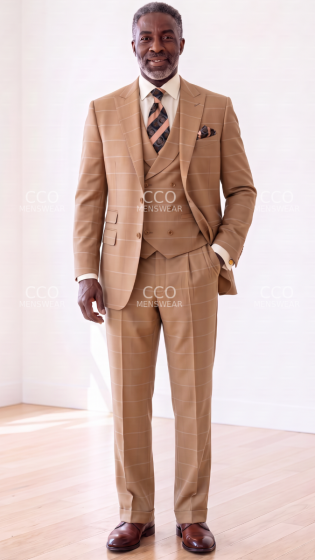 Brown Windowpane Suit Mens Wool Suits High Fashion Suit with Semi-Wide Leg Pants