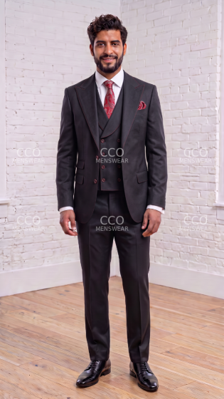 Black Suit Mens Suits Double Breasted Vest Peak Lapel