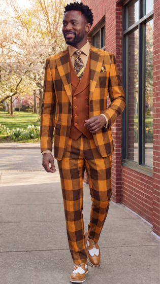 Rust Suit Mens 3 Piece Suits Double Breasted Vest