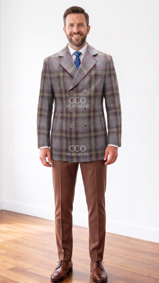 Grey Plaid Coat Mens Jackets Double Breasted