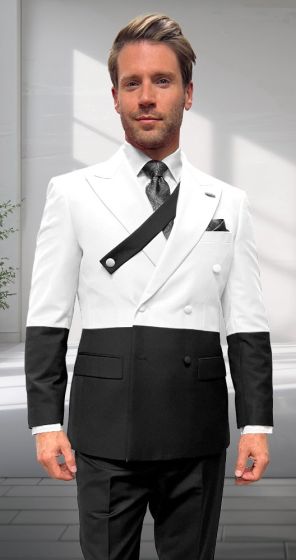 Statement Men's Outlet 2 Piece 100% Wool Modern Fit Double Breasted Suit - Two Tone Jacket