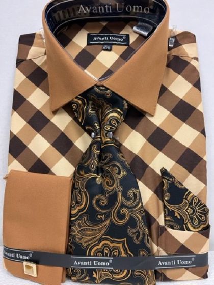Avanti Uomo Men's Outlet French Cuff Dress Shirt Set - Smooth Triple Tone