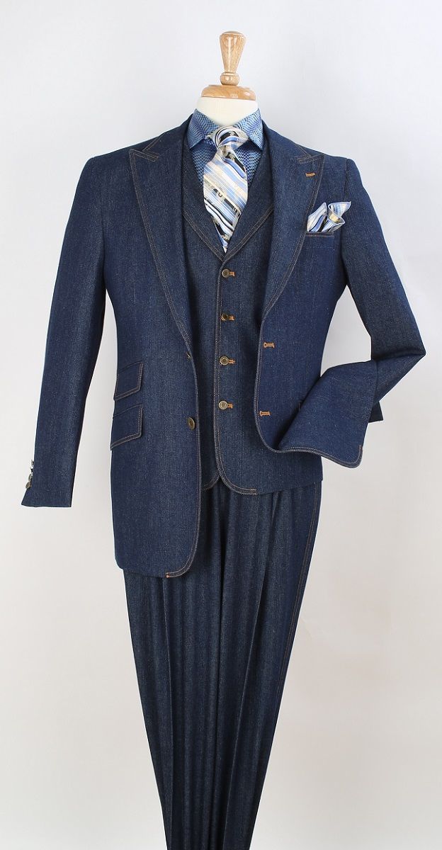 mens denim dress suits Men's Navy Wool Blend Tailored Suit - One Size front pants with wide cut leg Men's Linen-Look Denim Blue Suit