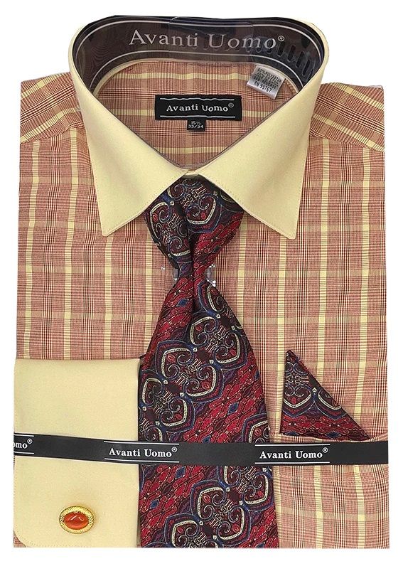 Avanti Uomo Men's French Cuff Dress Shirt Set - Herringbone