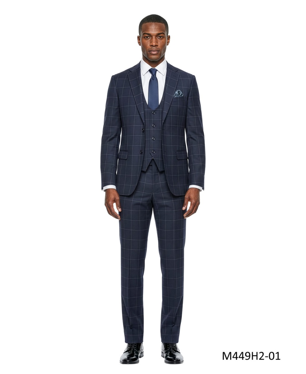 Tazio Men's 3 Piece Hybrid Fit Suit - Sharp Windowpane